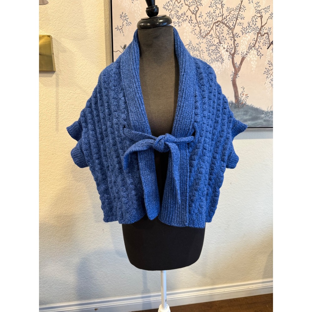 Kilronan Knitwear Ireland Blue Merino Wool Popcorn Cable Knit Cardigan Wrap OS